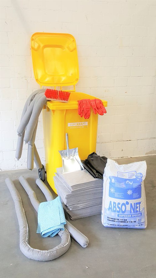 Universal-Notfallset PEHD Kontainer mit Rädern und Deckel inkl. Granulat 200 l (grau)